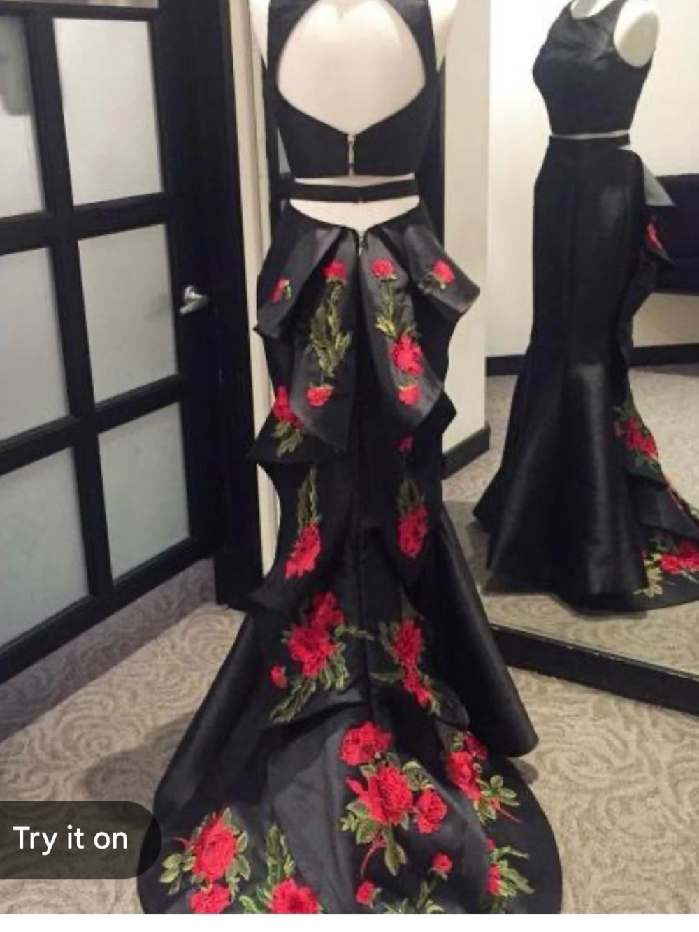 Sherri Hill Black Two-Piece Gown with Red Rose Embroidery